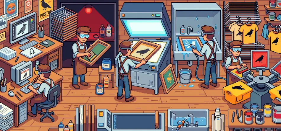 Pixel art del taller de serigrafía: del diseño en el ordenador a la insolación, el revelado de la pantalla y la estampación en el pulpo